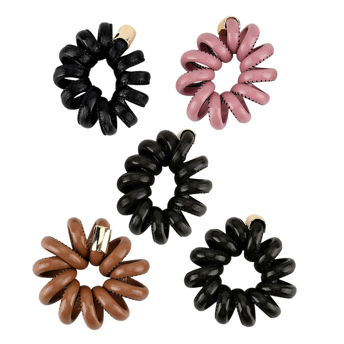 5-Pack Plaid Spiral Printed Hair Ties - Pink, Coffee, Dark Green, Olive and Black - Leatherette 8413759 5