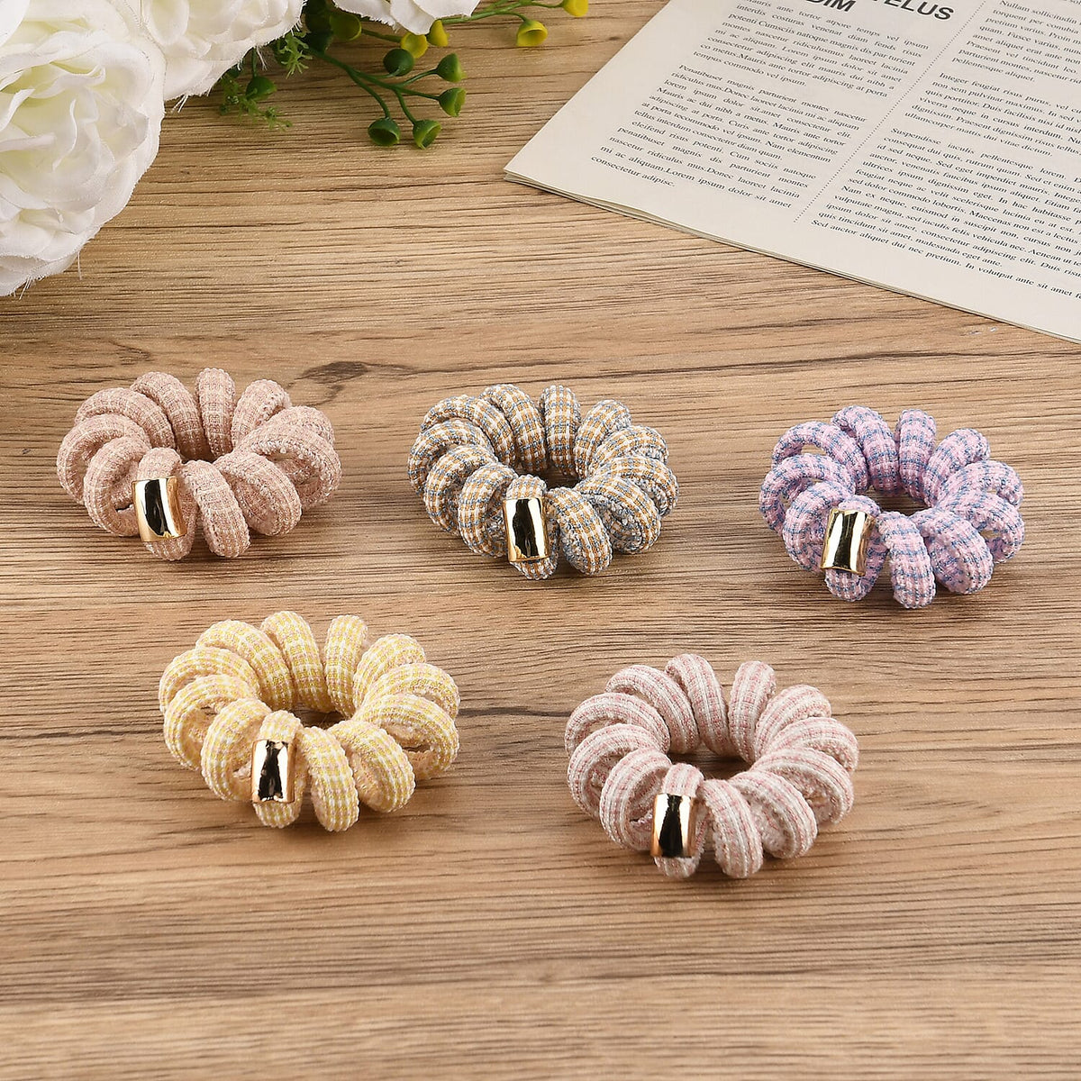 5-Pack Plaid Spiral Hair Ties - Pastel Colours - Tweed V32699418 2