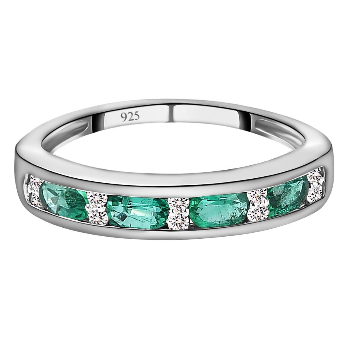 Half Eternity Premium Emerald Ring with Natural Cambodian Zircon in Platinum Plated Sterling Silver 8730013 0