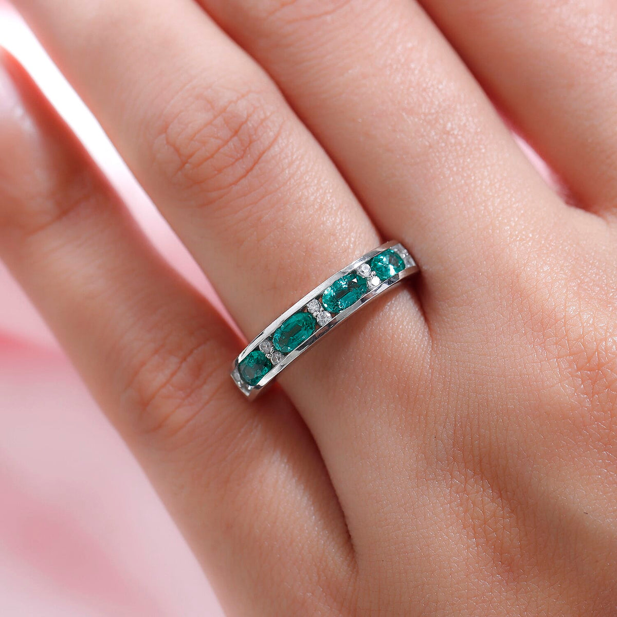 Half Eternity Premium Emerald Ring with Natural Cambodian Zircon in Platinum Plated Sterling Silver 8730013 3