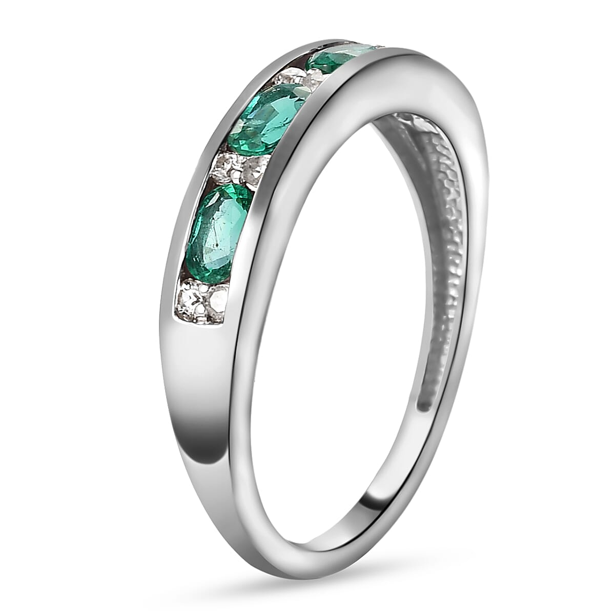 Half Eternity Premium Emerald Ring with Natural Cambodian Zircon in Platinum Plated Sterling Silver 8730013 4