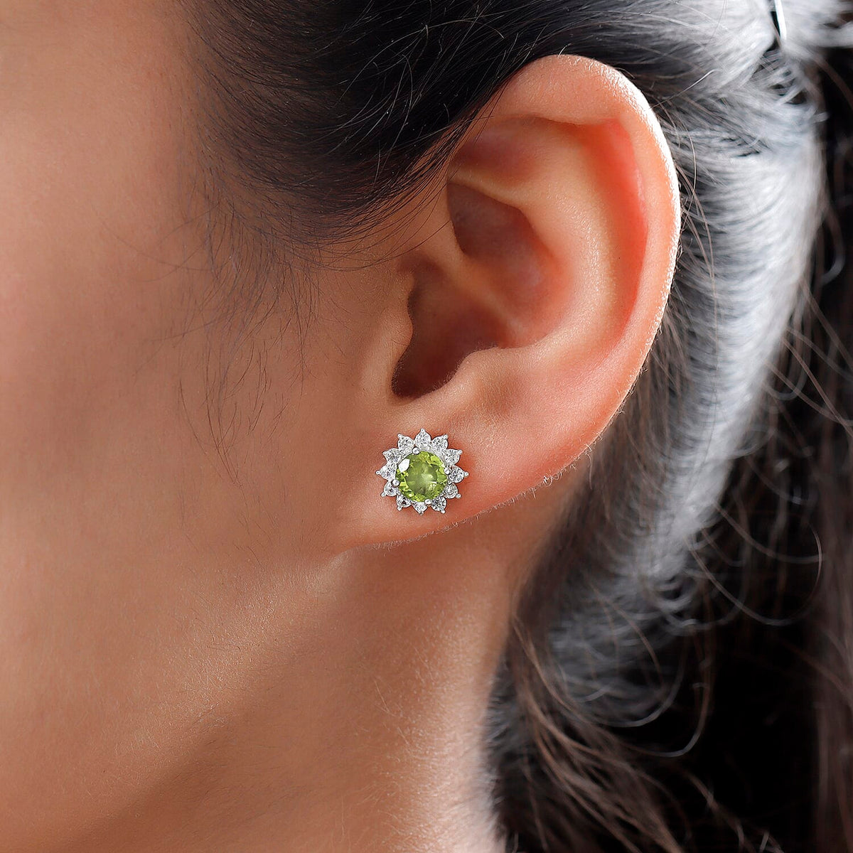 Halo Hebei Peridot Stud Earrings with Natural Cambodian Zircon in Sterling Silver 2.41 Ct. 8848115 3
