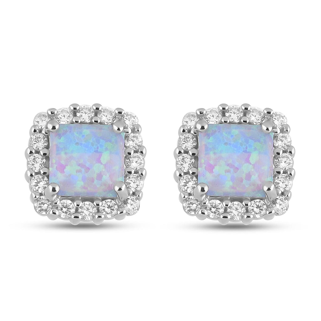 Simulated Opal and Simulated Diamond Stud Earrings (With Push Back) in Rhodium Overlay Sterling Silver