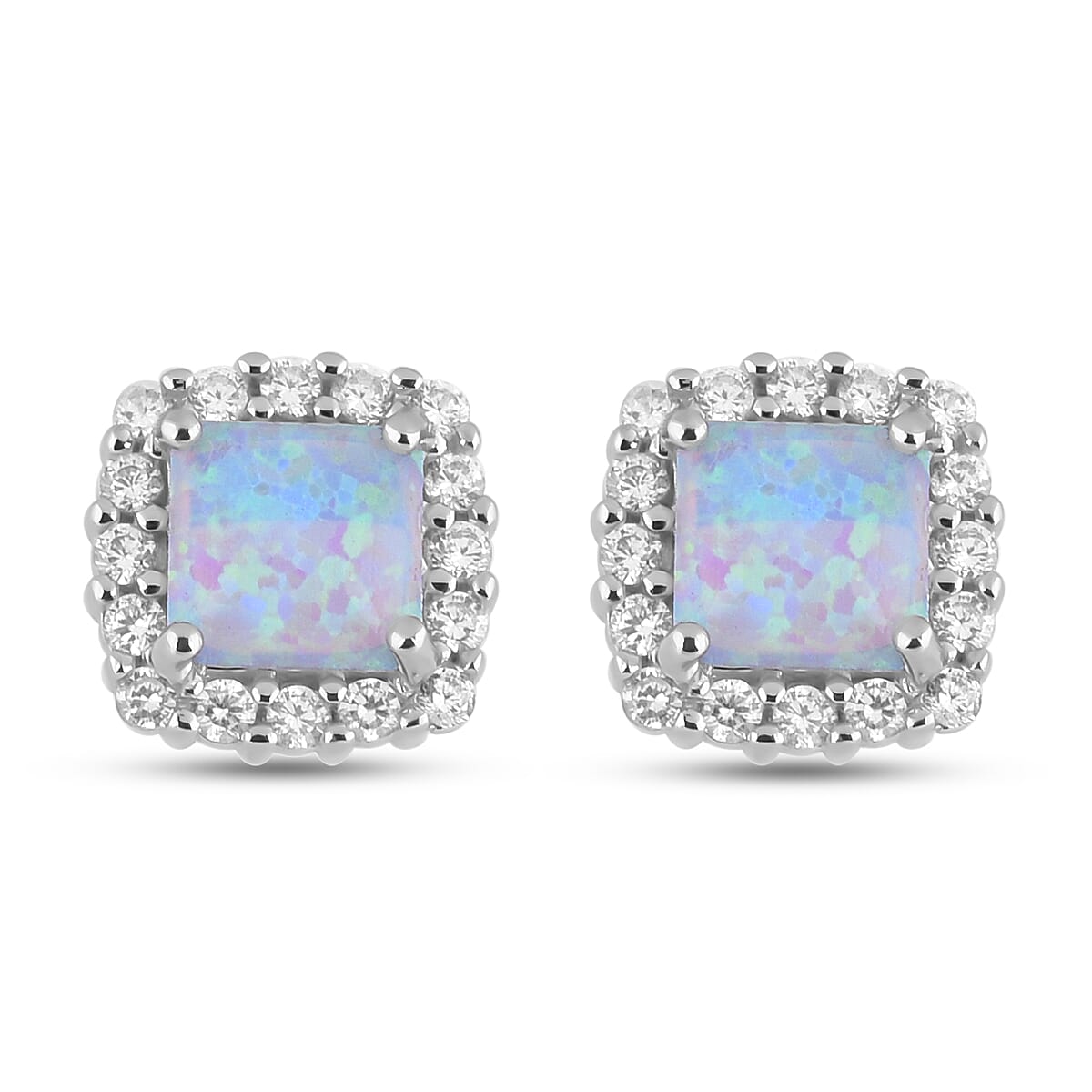 Halo Simulated Opal and Simulated Diamond Earrings in Rhodium Plated Sterling Silver 8743393 0