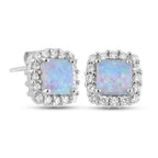 Simulated Opal and Simulated Diamond Stud Earrings (With Push Back) in Rhodium Overlay Sterling Silver