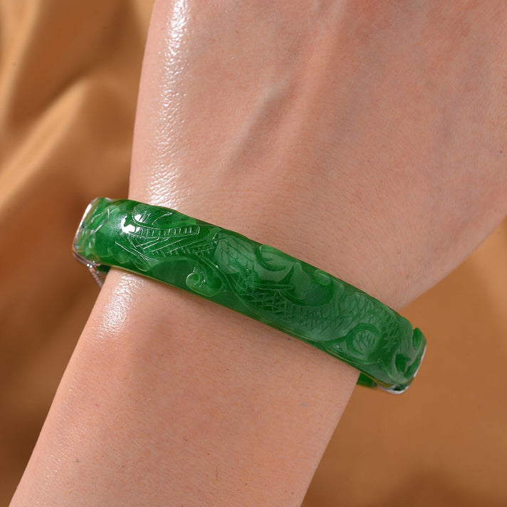 Hand Carved Green Jade Dragon Bangle in Rhodium Overlay Sterling Silver 270 ct., 7.5 Inch 7708801 2