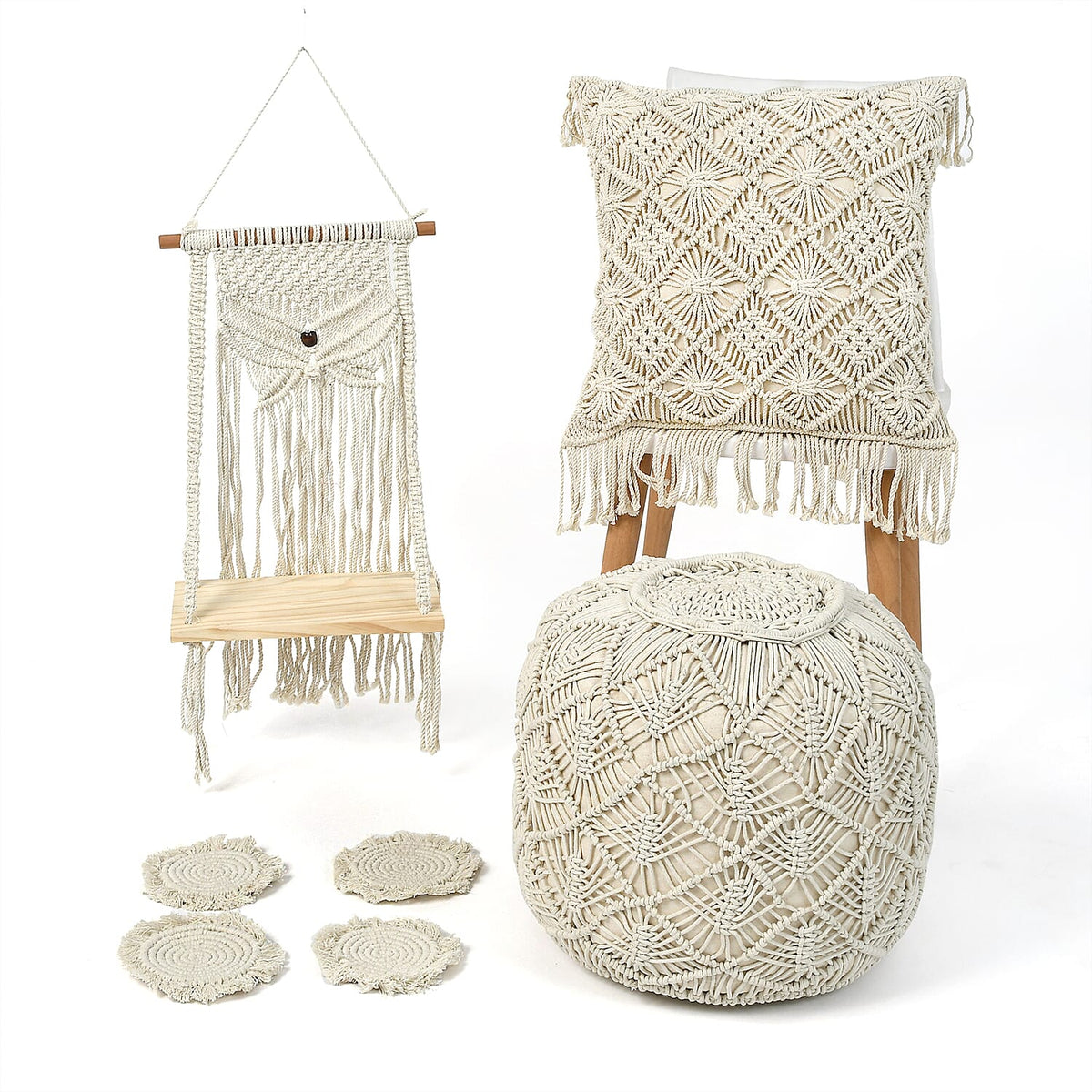 Set of 4 Hand Weaved Cotton Macrame Ottoman, Pillow, Table Placemat and Wall Hanging V32516353 0