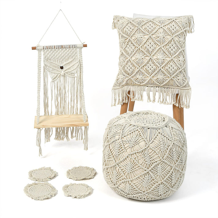 Set of 4 Hand Weaved Cotton Macrame Ottoman, Pillow, Table Placemat and Wall Hanging 4286182 1