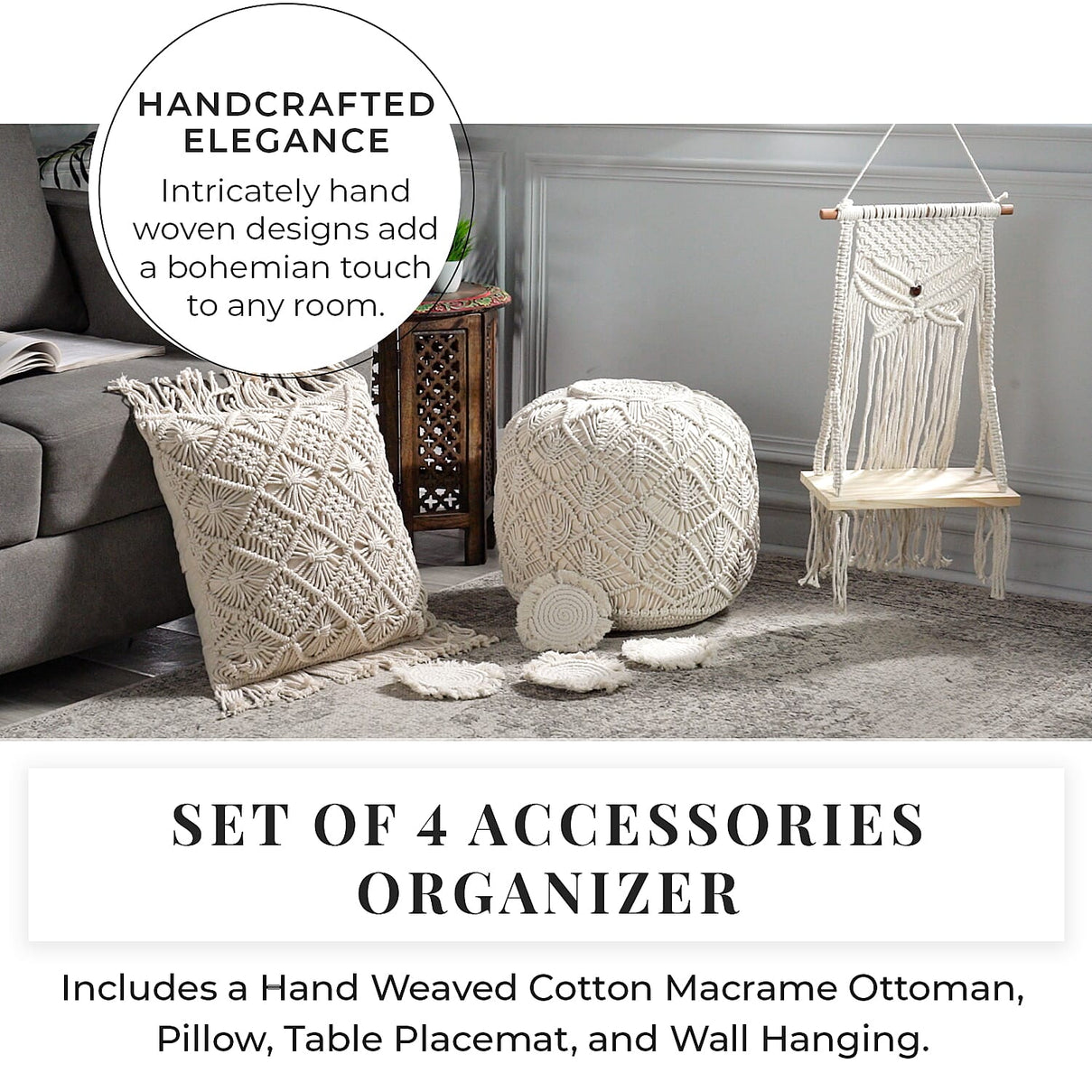 Set of 4 Hand Weaved Cotton Macrame Ottoman, Pillow, Table Placemat and Wall Hanging V32516353 2