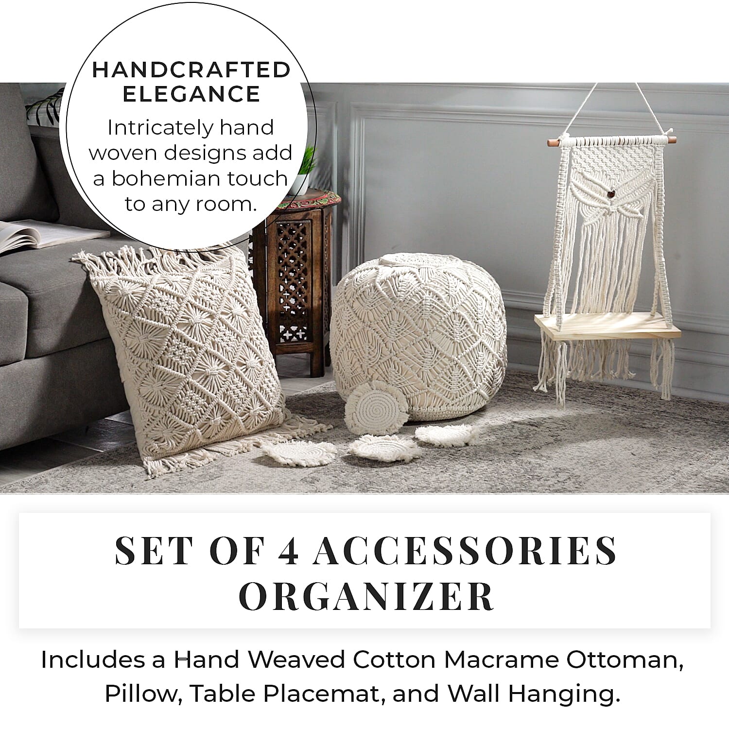 Set of 4 Hand Weaved Cotton Macrame Ottoman, Pillow, Table Placemat and Wall Hanging V32516353 2