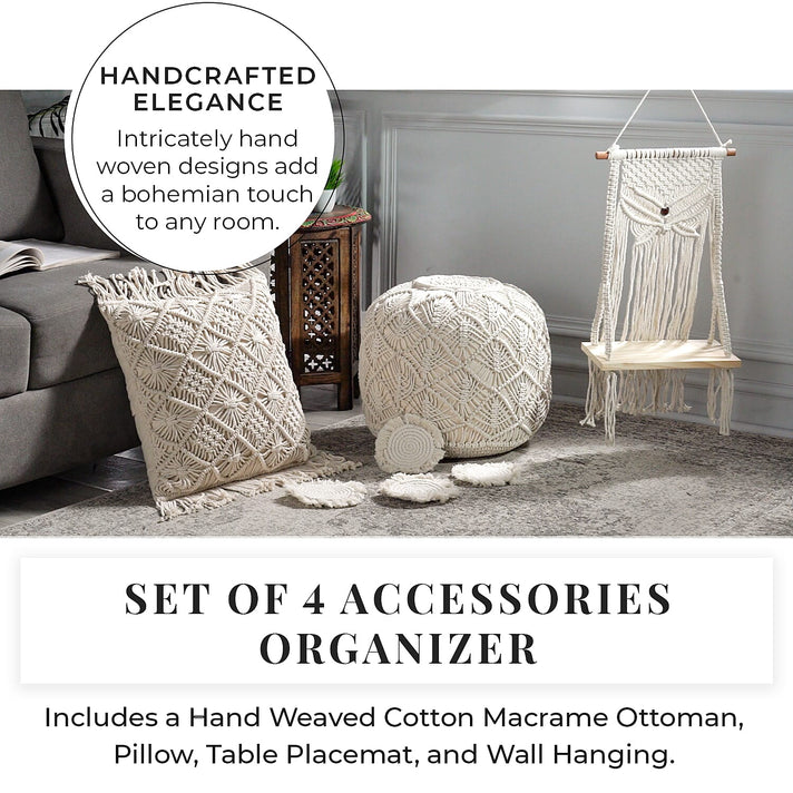 Set of 4 Hand Weaved Cotton Macrame Ottoman, Pillow, Table Placemat and Wall Hanging 4286182 2