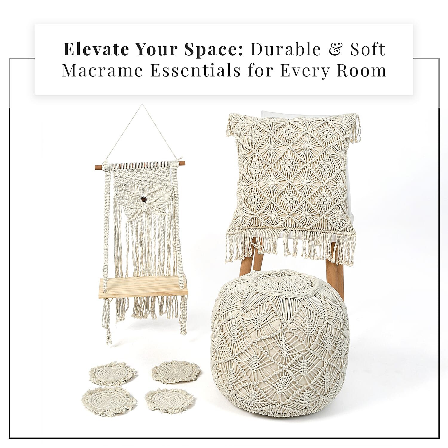 Set of 4 Hand Weaved Cotton Macrame Ottoman, Pillow, Table Placemat and Wall Hanging V32516353 3