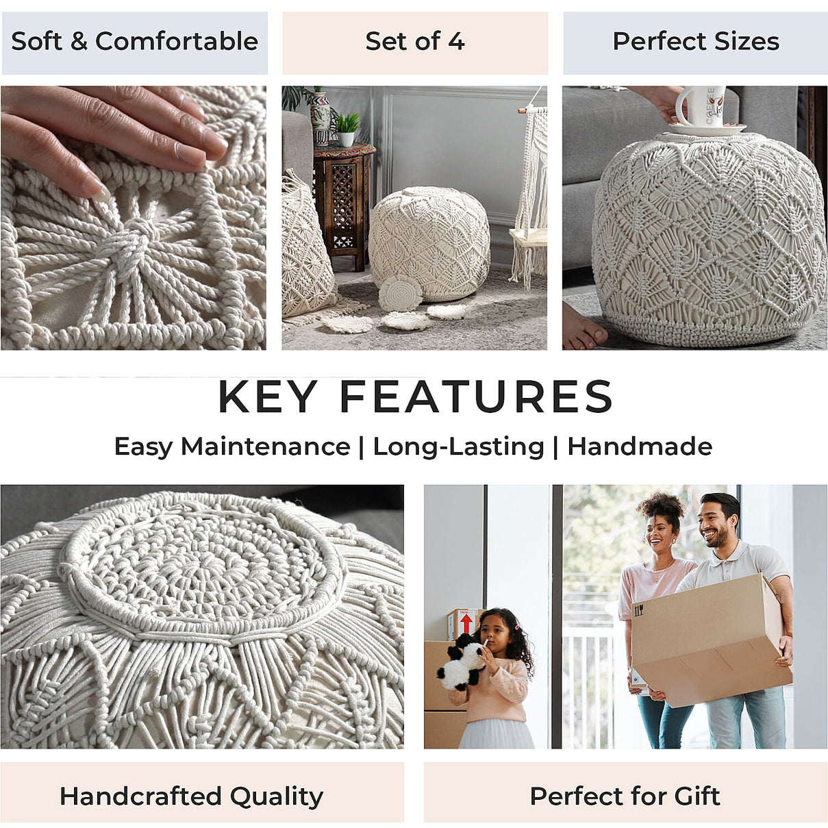 Set of 4 Hand Weaved Cotton Macrame Ottoman, Pillow, Table Placemat and Wall Hanging V32516353 4