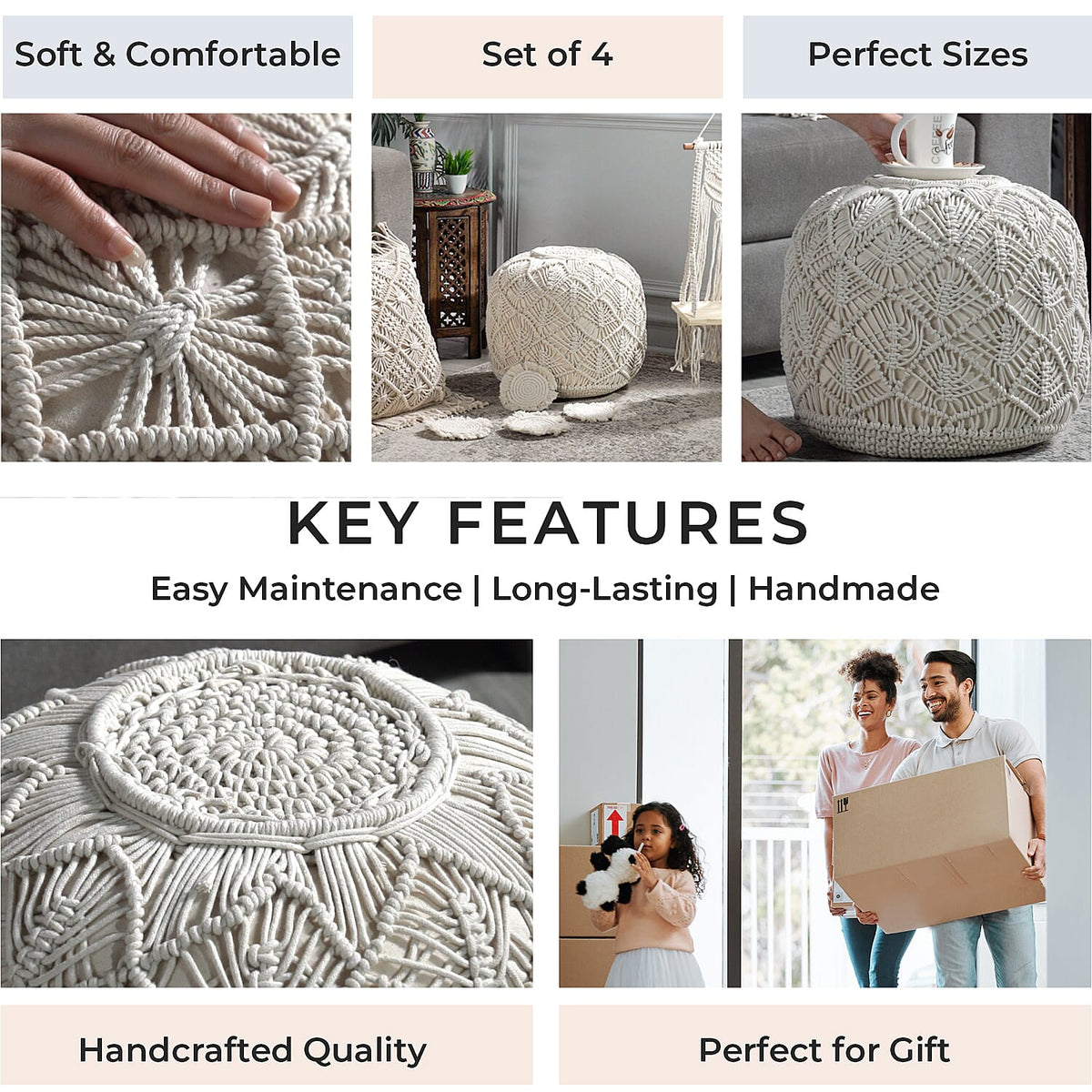 Set of 4 Hand Weaved Cotton Macrame Ottoman, Pillow, Table Placemat and Wall Hanging V32516353 4
