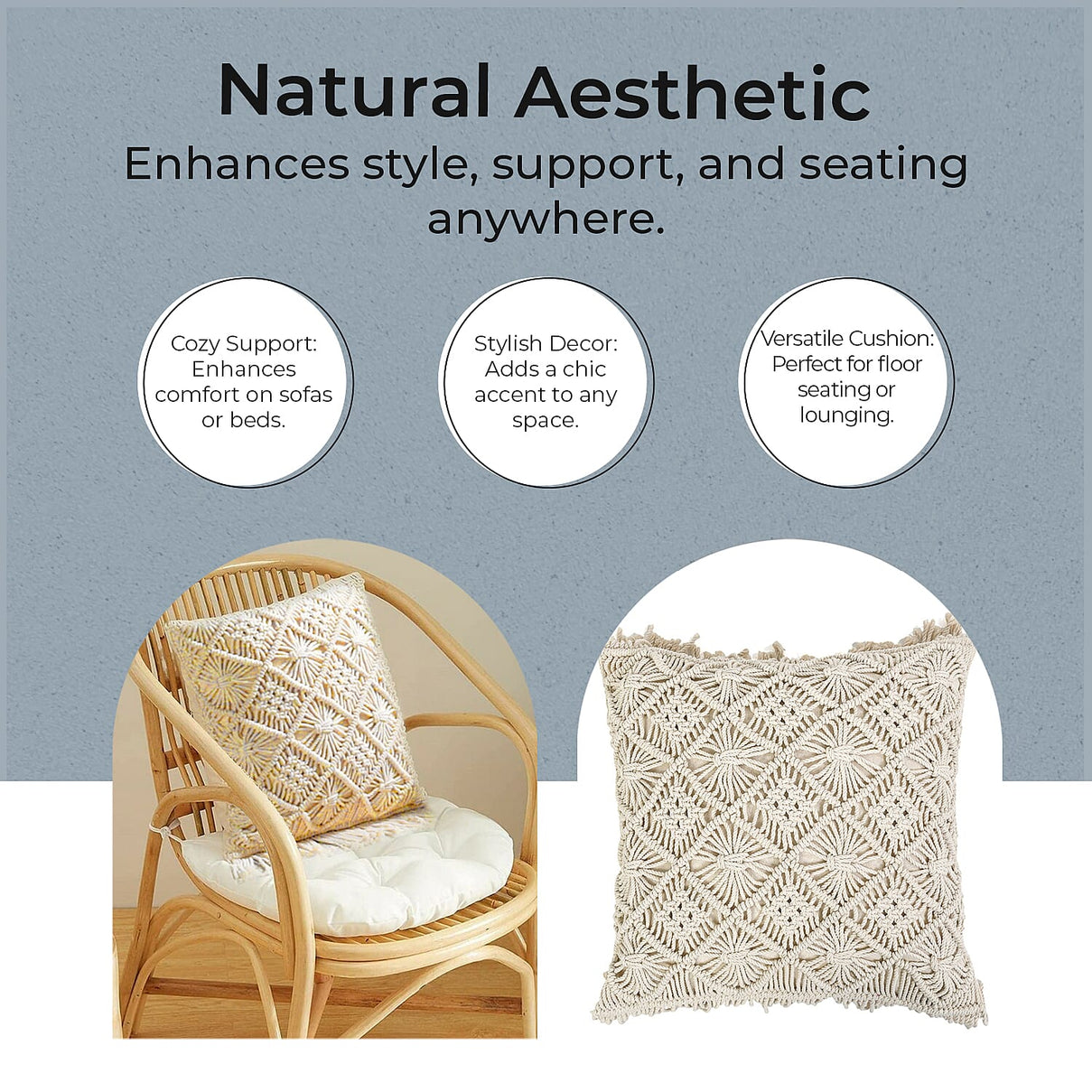 Set of 4 Hand Weaved Cotton Macrame Ottoman, Pillow, Table Placemat and Wall Hanging V32516353 6