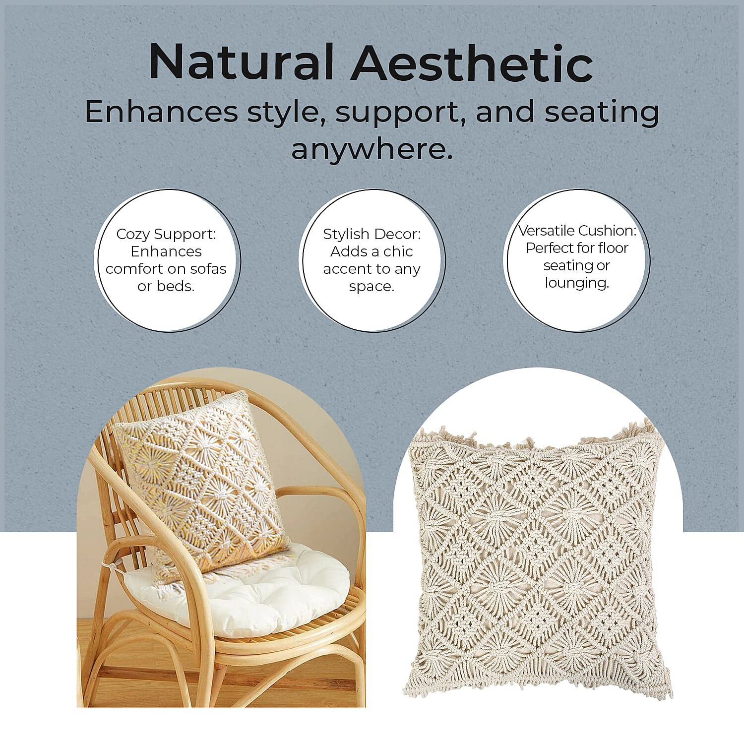 Set of 4 Hand Weaved Cotton Macrame Ottoman, Pillow, Table Placemat and Wall Hanging V32516353 6