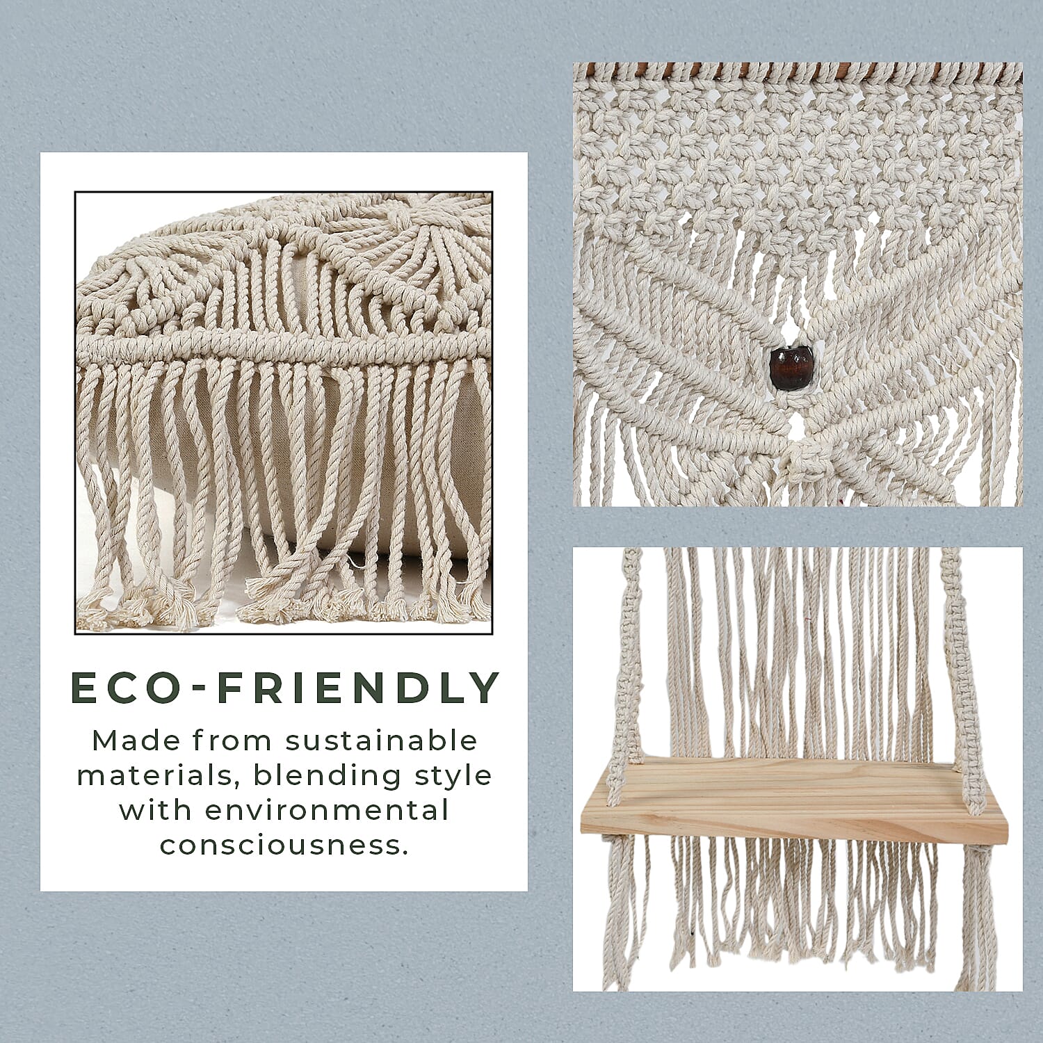 Set of 4 Hand Weaved Cotton Macrame Ottoman, Pillow, Table Placemat and Wall Hanging V32516353 7