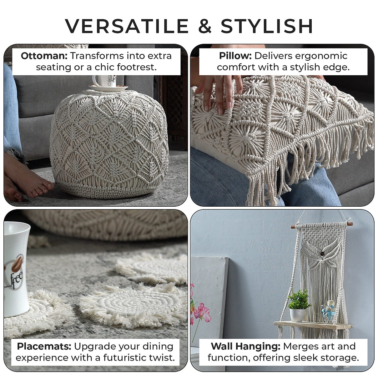 Set of 4 Hand Weaved Cotton Macrame Ottoman, Pillow, Table Placemat and Wall Hanging V32516353 8