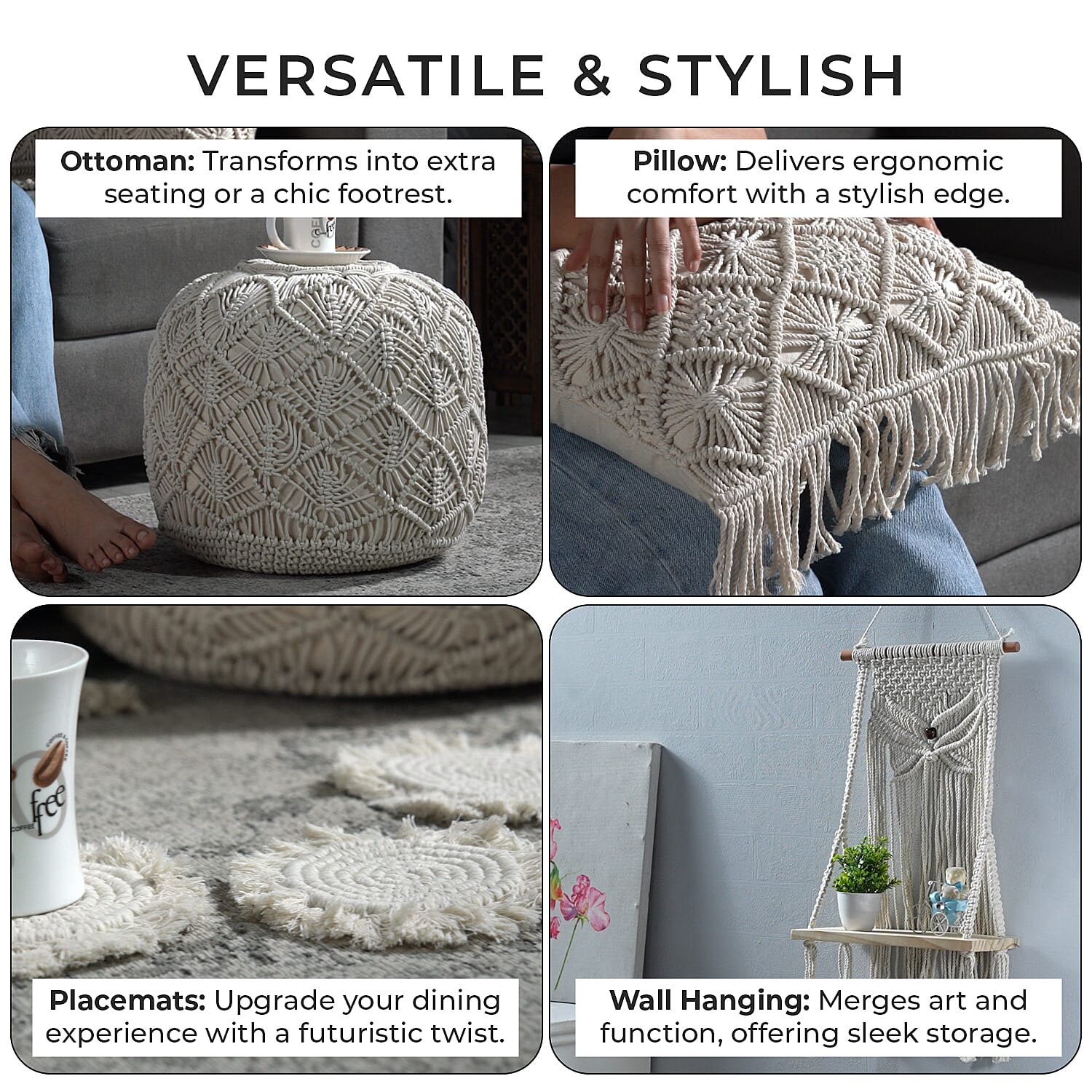Set of 4 Hand Weaved Cotton Macrame Ottoman, Pillow, Table Placemat and Wall Hanging V32516353 8