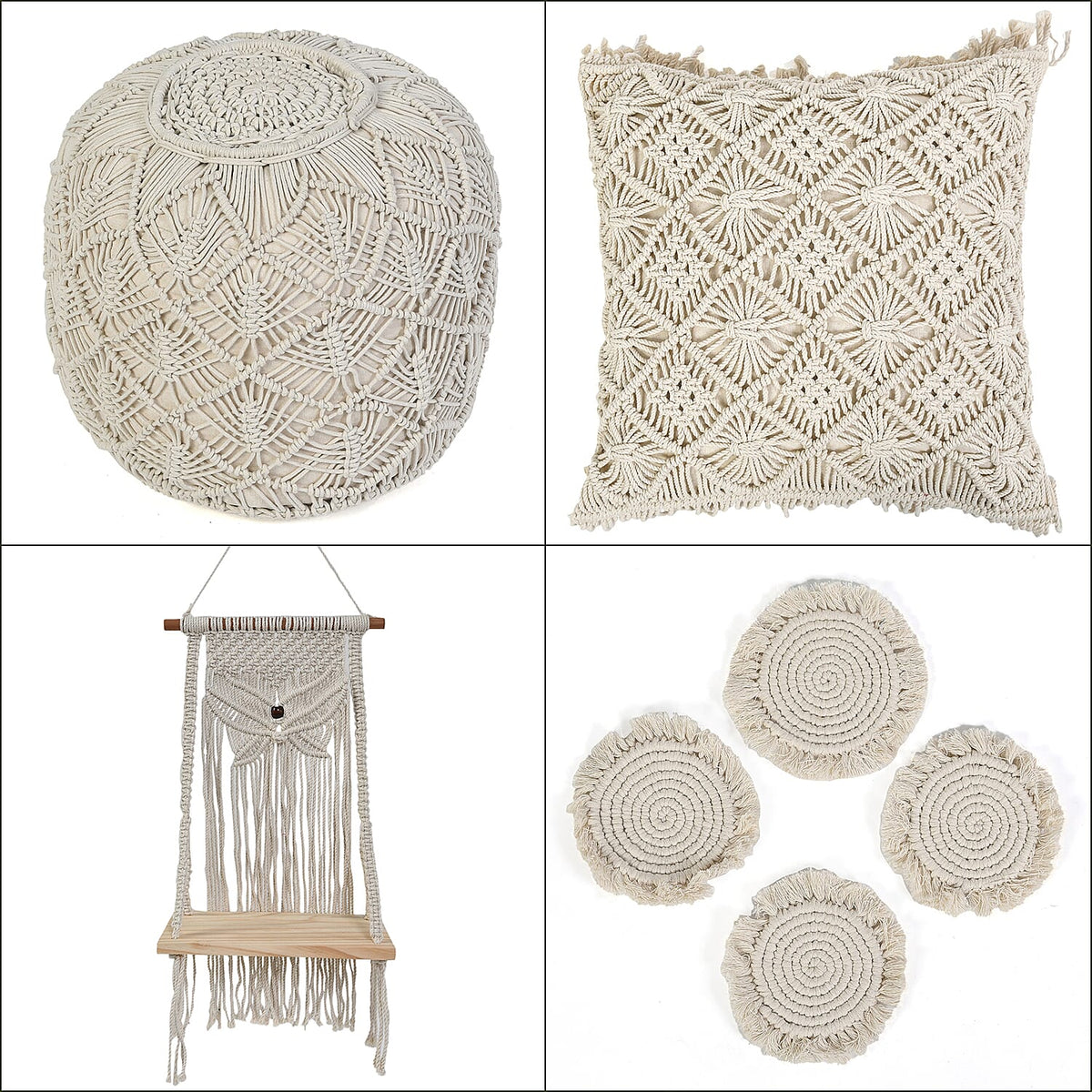 Set of 4 Hand Weaved Cotton Macrame Ottoman, Pillow, Table Placemat and Wall Hanging V32516353 9