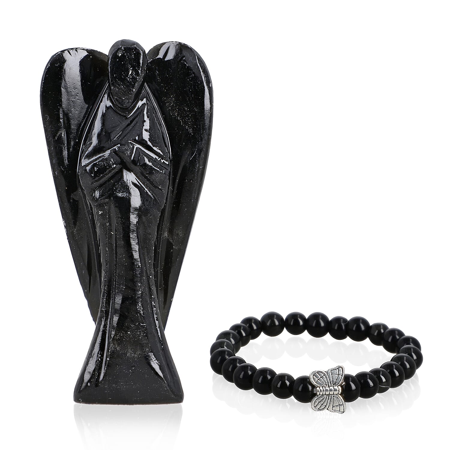 Handcarved Black Obsidian Guardian Angel Figurine Sculpture (Size 8 Cm) &amp; Butterfly Stretchable Bracelet Presented in Velvet Pouch With Gift Card 8096595 0