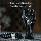 Handcarved Black Obsidian Guardian Angel Figurine Sculpture (Size 8 Cm) & Butterfly Stretchable Bracelet Presented in Velvet Pouch With Gift Card