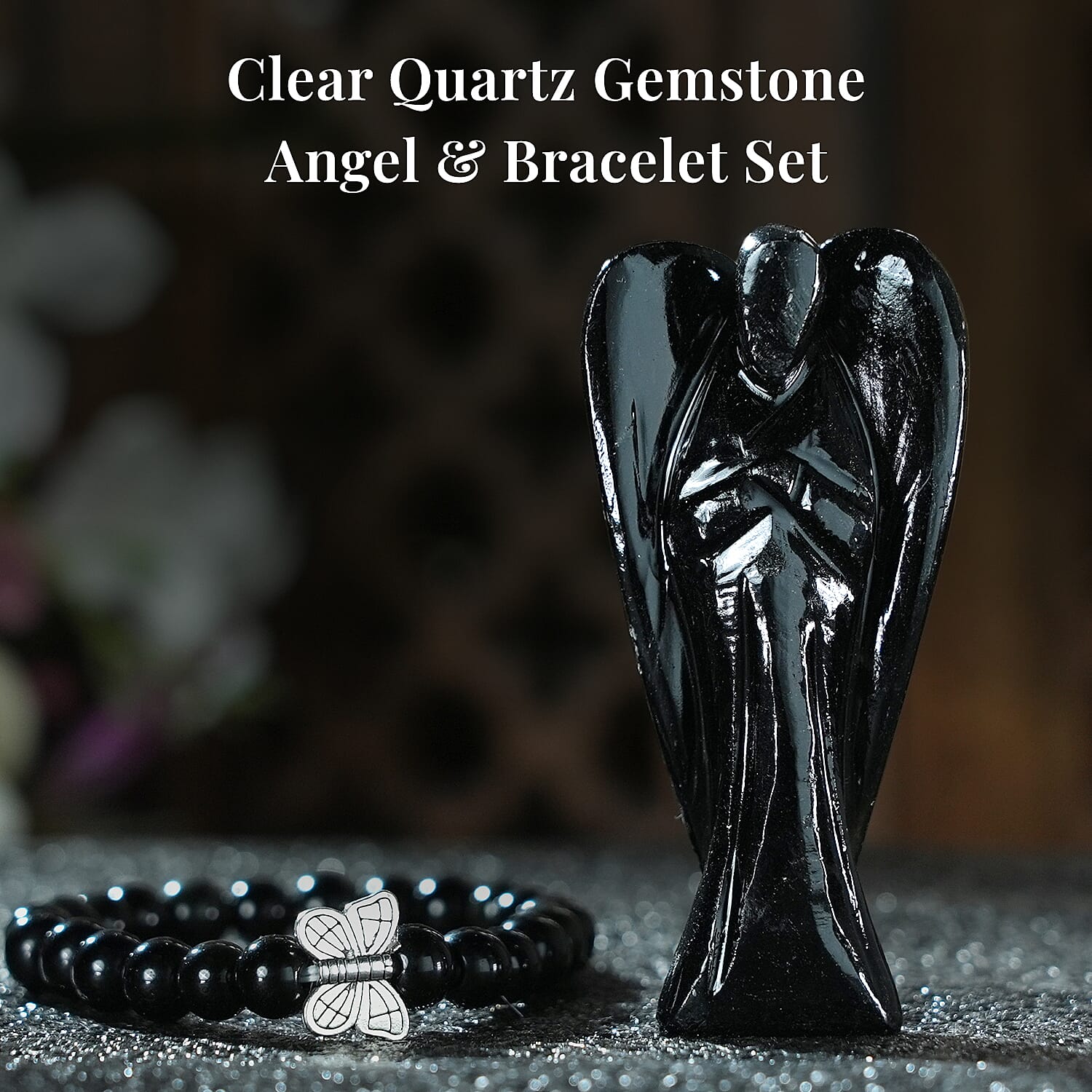 Handcarved Black Obsidian Guardian Angel Figurine Sculpture (Size 8 Cm) &amp; Butterfly Stretchable Bracelet Presented in Velvet Pouch With Gift Card 8096595 2