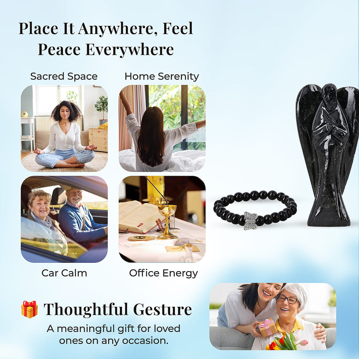 Handcarved Black Obsidian Guardian Angel Figurine Sculpture (Size 8 Cm) &amp; Butterfly Stretchable Bracelet Presented in Velvet Pouch With Gift Card 8096595 6