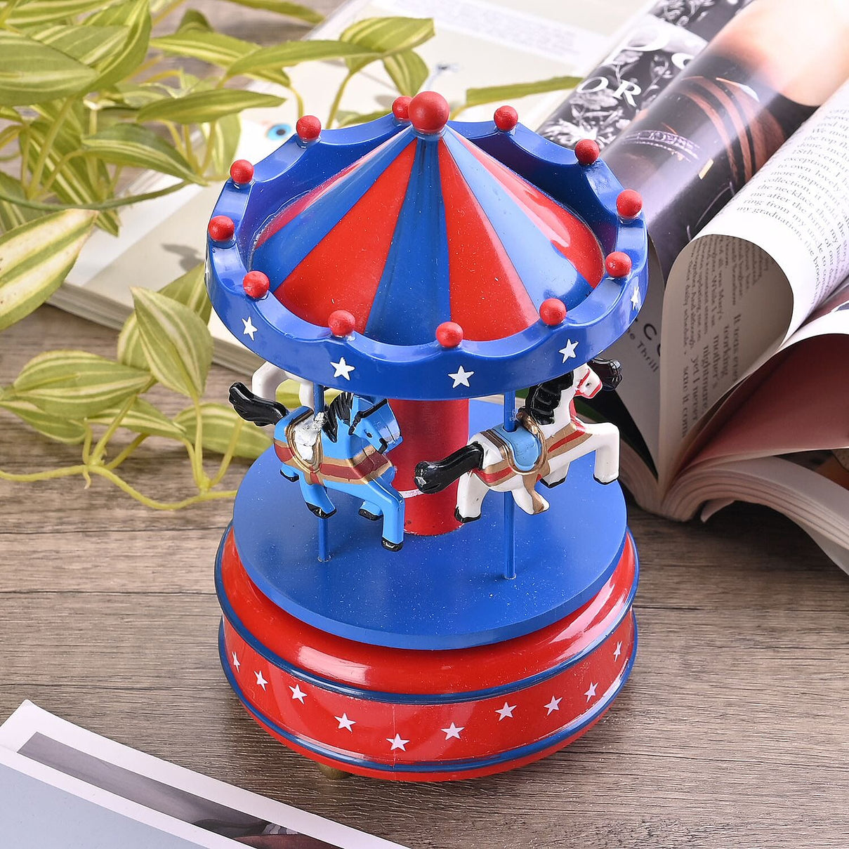Handcrafted 4-horse Wood Carousel Musical Box - Navy and Red 7576916 1