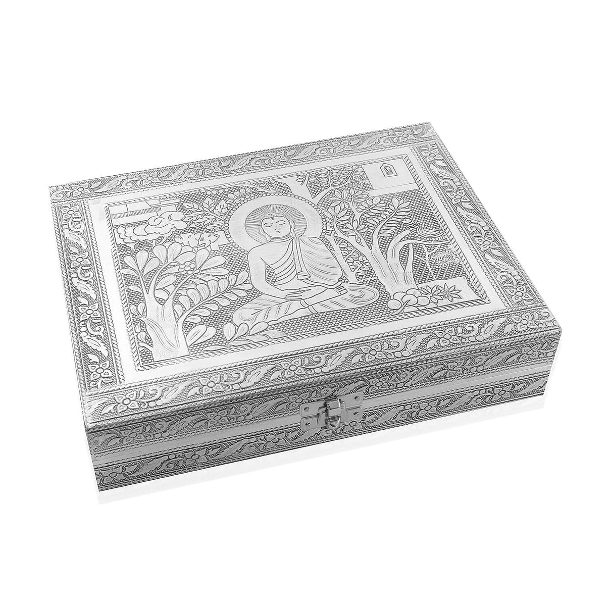 Handcrafted Buddha Embossed Aluminium Oxidized Jewelry Box with Anti-Tarnish &amp; Scratch Protection (Size 23x17x5 cm) - Silver 7199054 0