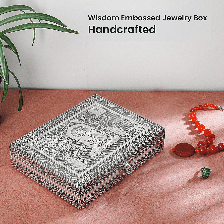Handcrafted Buddha Embossed Aluminium Oxidized Jewelry Box with Anti-Tarnish &amp; Scratch Protection (Size 23x17x5 cm) - Silver 7199054 1