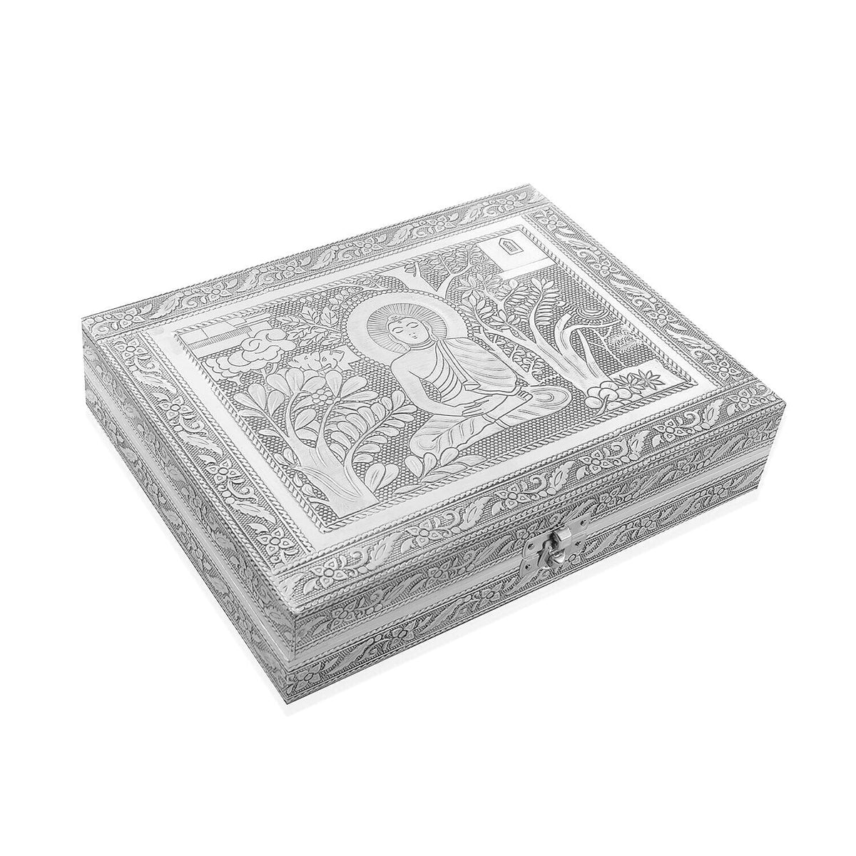 Handcrafted Buddha Embossed Aluminium Oxidized Jewelry Box with Anti-Tarnish &amp; Scratch Protection (Size 23x17x5 cm) - Silver 7199054 2