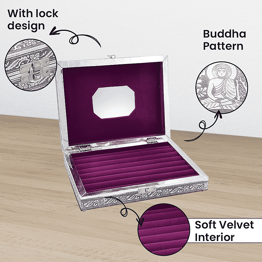 Handcrafted Buddha Embossed Aluminium Oxidized Jewelry Box with Anti-Tarnish &amp; Scratch Protection (Size 23x17x5 cm) - Silver 7199054 3
