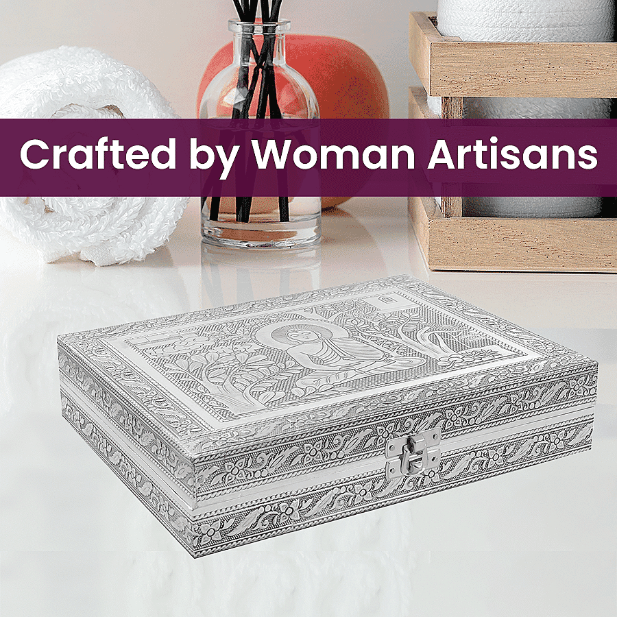 Handcrafted Buddha Embossed Aluminium Oxidized Jewelry Box with Anti-Tarnish &amp; Scratch Protection (Size 23x17x5 cm) - Silver 7199054 4