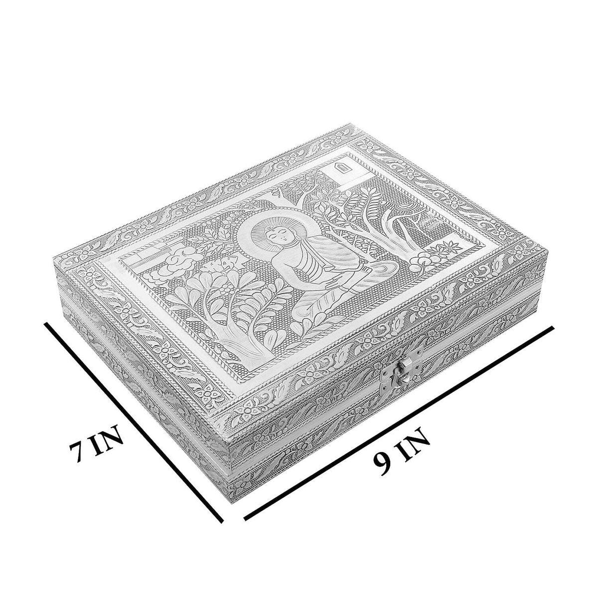 Handcrafted Buddha Embossed Aluminium Oxidized Jewelry Box with Anti-Tarnish &amp; Scratch Protection (Size 23x17x5 cm) - Silver 7199054 7