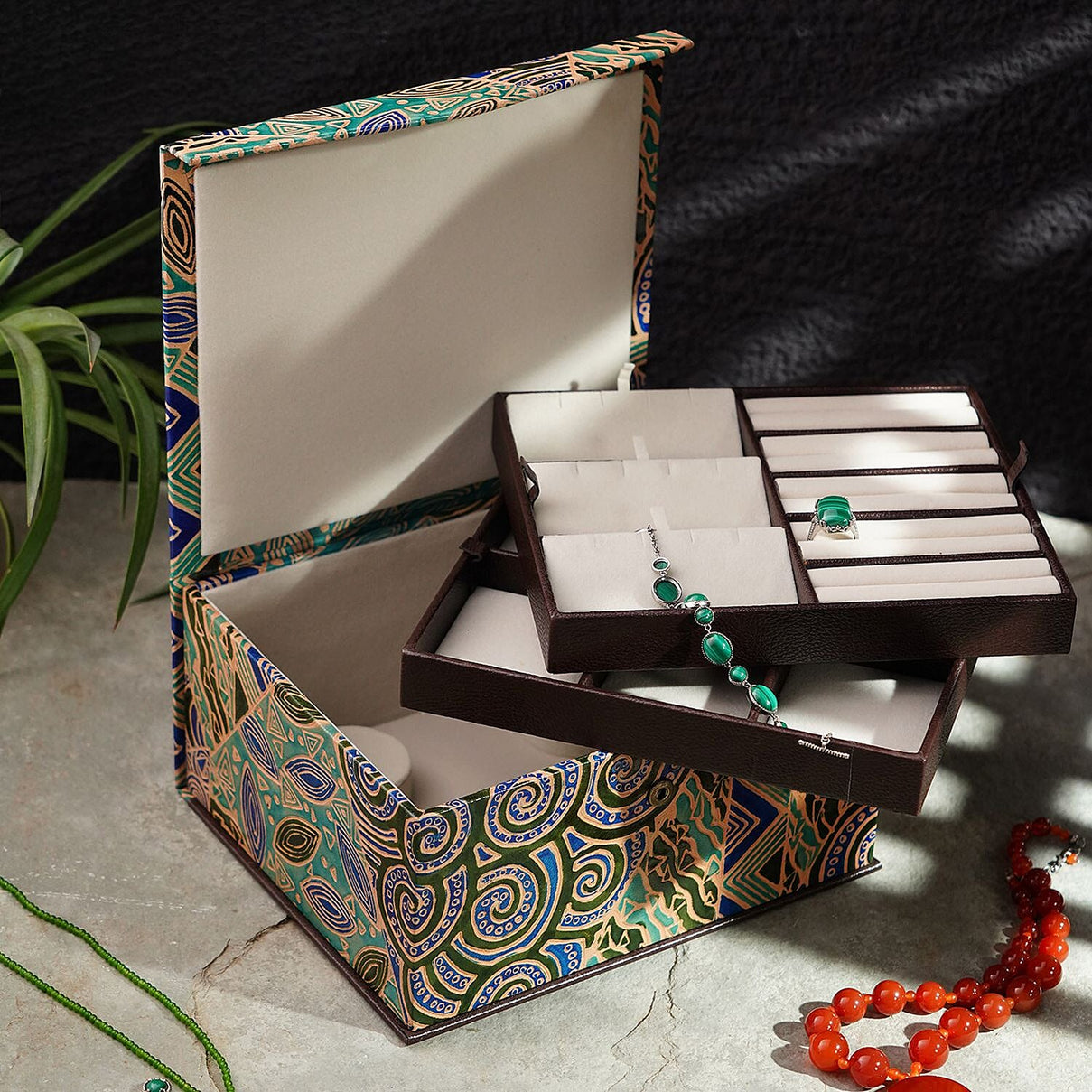Handcrafted Embossed Leather 2 Tier Jewellery Box - Multi 6239584 3