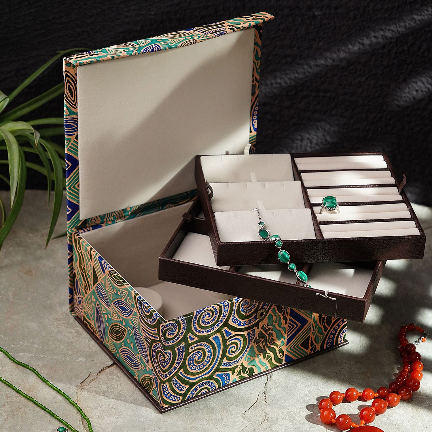 Handcrafted Embossed Leather 2 Tier Jewellery Box - Multi 6239584 3