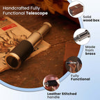 Handcrafted Fully Functional Telescope with Leather Stitched and Wooden Gift Box (Size 15x2 Cm) - Black