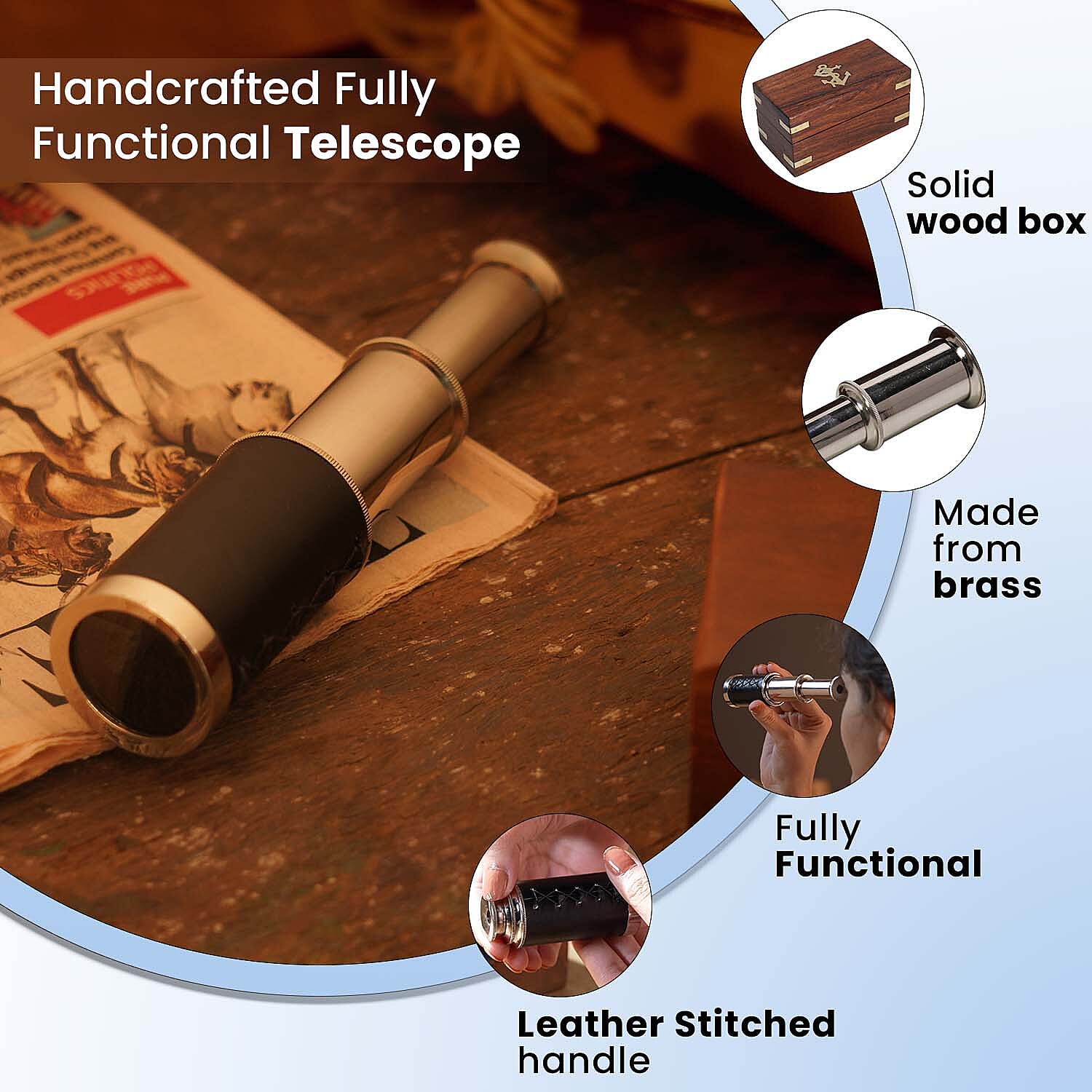 Handcrafted Fully Functional Telescope with Leather Stitched and Wooden Gift Box (Size 15x2 Cm) - Brown 6305208 3