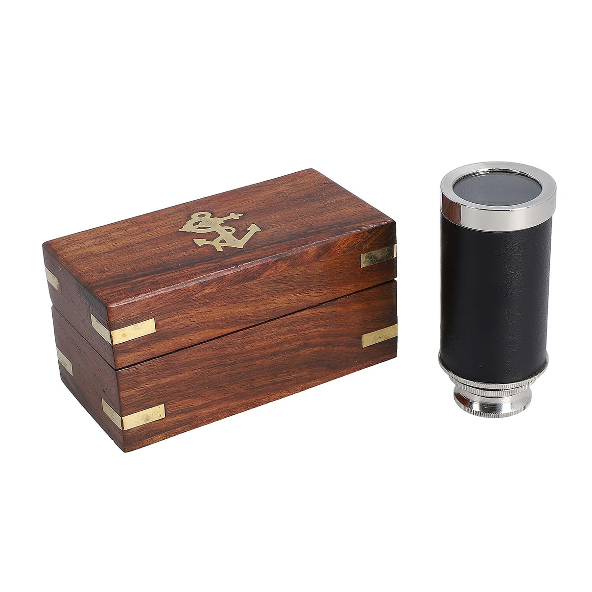 Handcrafted Fully Functional Telescope with Leather Stitched and Wooden Gift Box (Size 15x2 Cm) - Brown 6305208 6