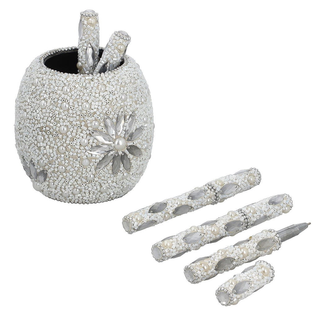 Handcrafted Set of 5 White Rhinestone Beaded Pens with Matching Holder Colour- White
