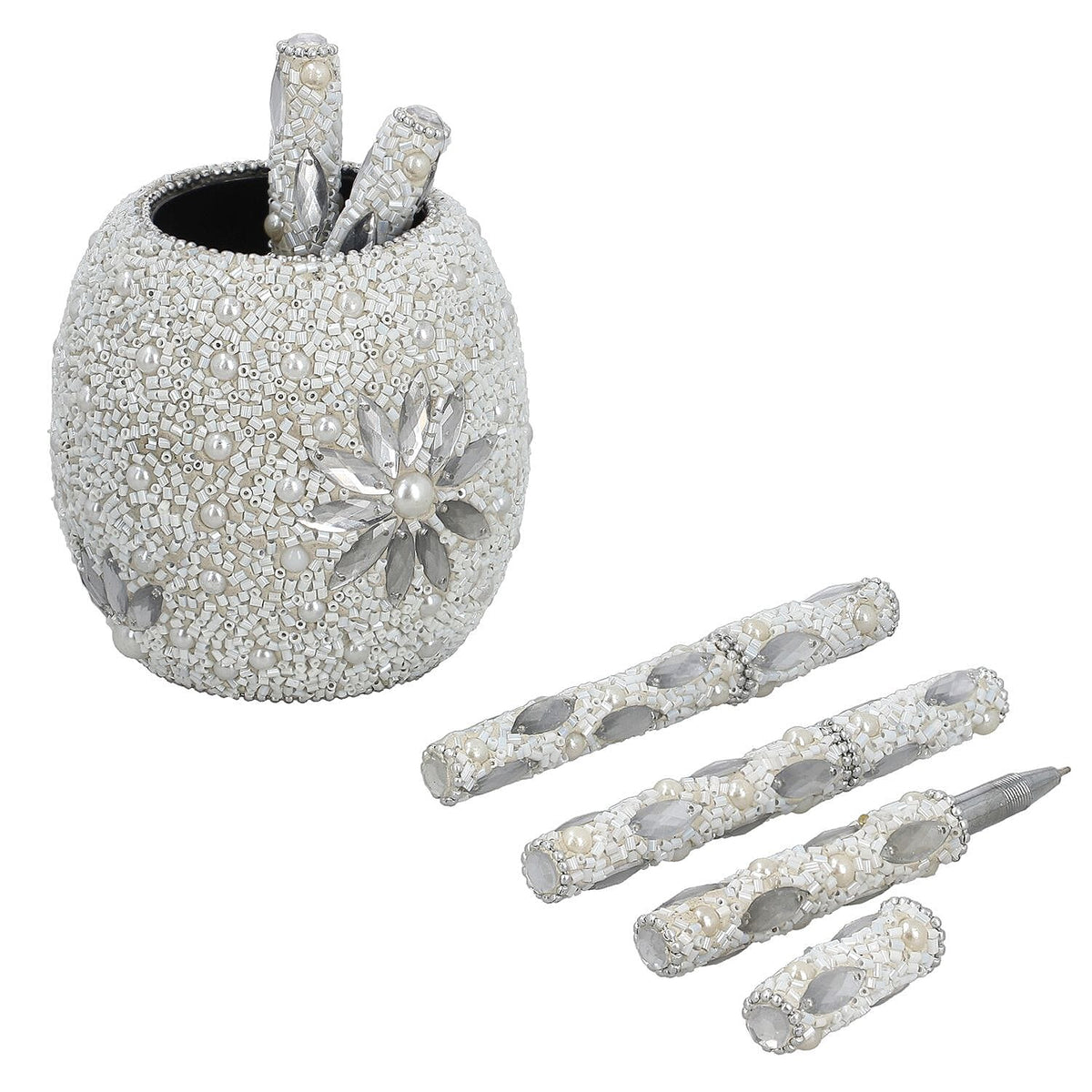 Handcrafted Set of 5 White Rhinestone Beaded Pens with Matching Holder Colour- White 7309325 0