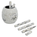 Handcrafted Set of 5 White Rhinestone Beaded Pens with Matching Holder Colour- White