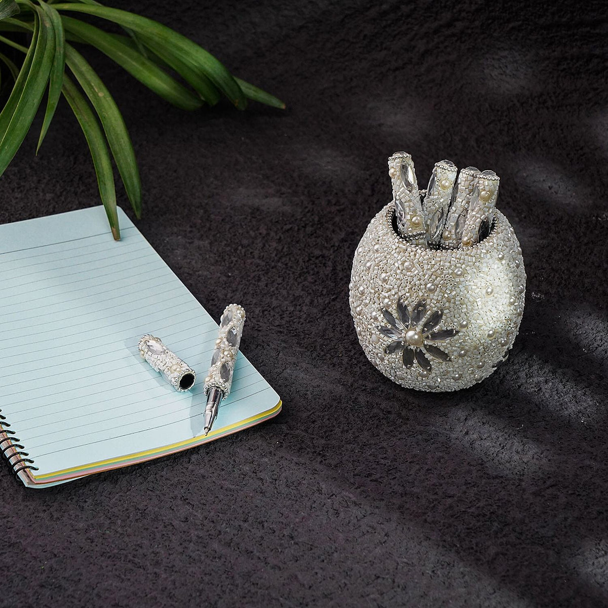 Handcrafted Set of 5 White Rhinestone Beaded Pens with Matching Holder Colour- White 7309325 2