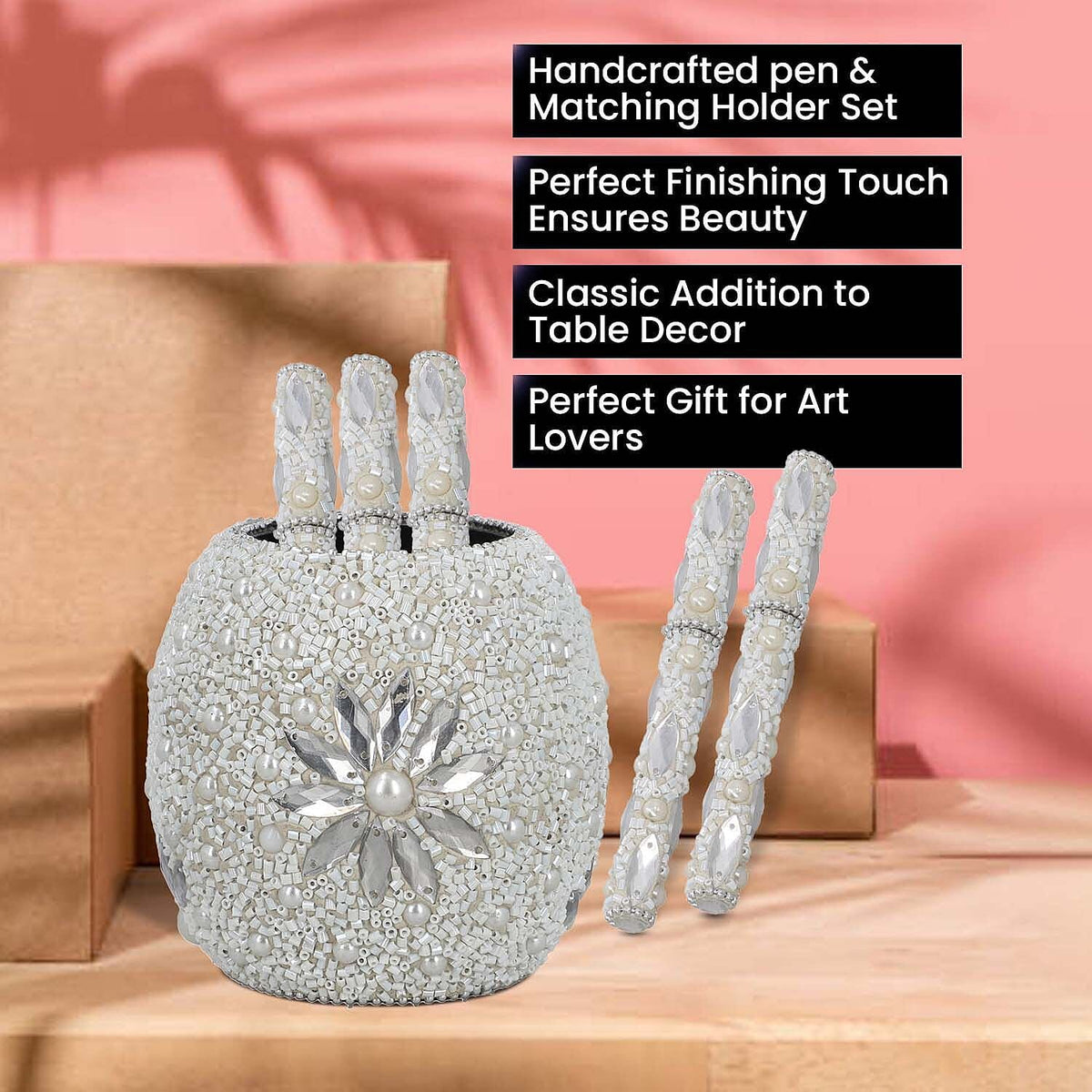 Handcrafted Set of 5 White Rhinestone Beaded Pens with Matching Holder Colour- White 7309325 3
