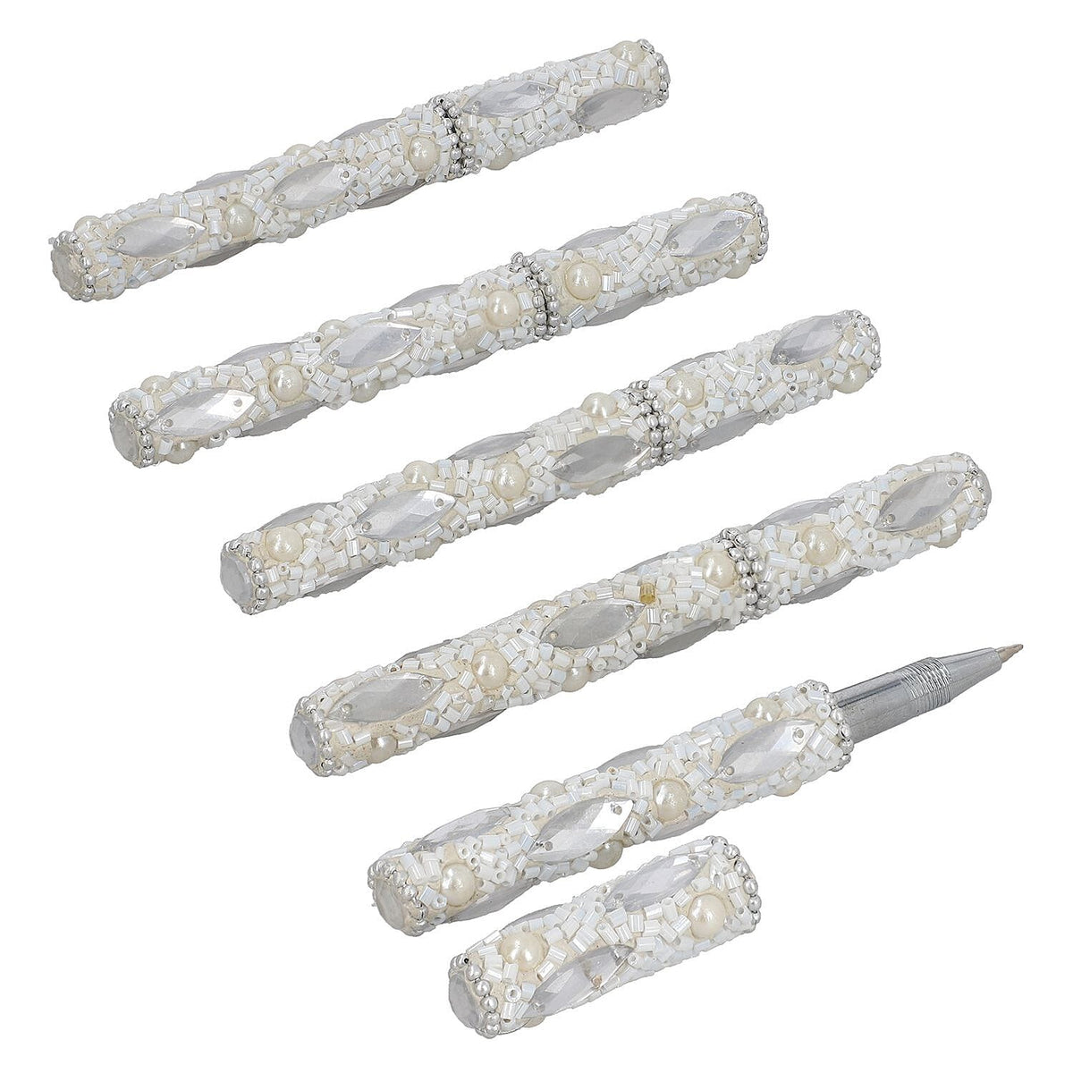 Handcrafted Set of 5 White Rhinestone Beaded Pens with Matching Holder Colour- White 7309325 4