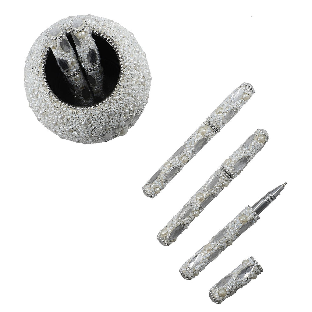 Handcrafted Set of 5 White Rhinestone Beaded Pens with Matching Holder Colour- White