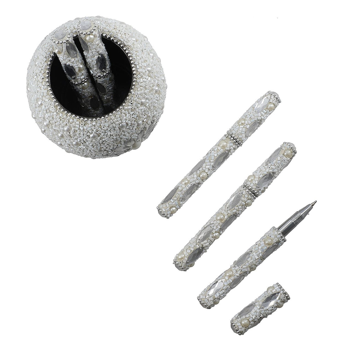 Handcrafted Set of 5 White Rhinestone Beaded Pens with Matching Holder Colour- White 7309325 5