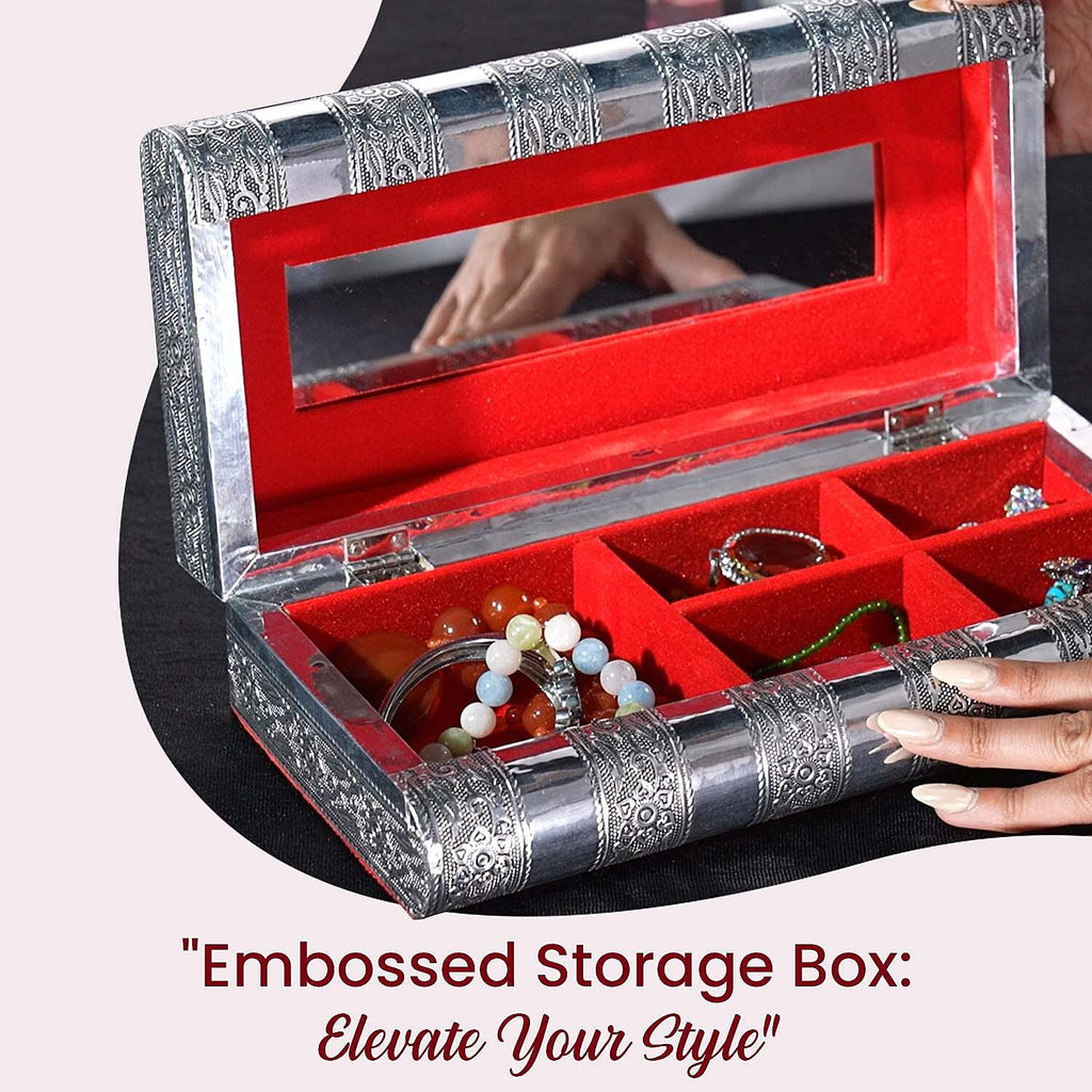 Handcrafted Oxidized Aluminium Storage-Jewelry Box with Mirror (Size 27x13x8 cm) - Silver