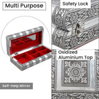 Handcrafted Oxidized Aluminium Storage-Jewelry Box with Mirror (Size 27x13x8 cm) - Silver